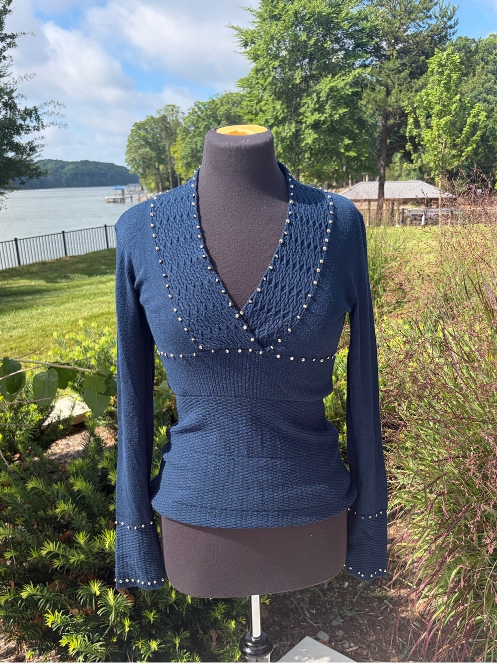 Y2K Cache Navy Studded Knit Bell Sleeve Top Medium